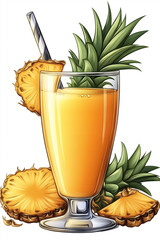 Poster - Refreshing pineapple juice with slices and leaves in a glass