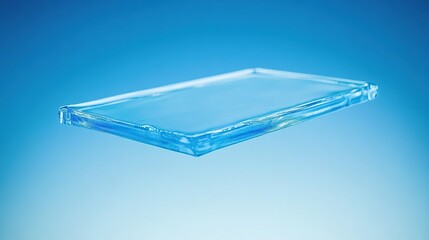 Floating glass rectangle, blue background, studio shot, product display