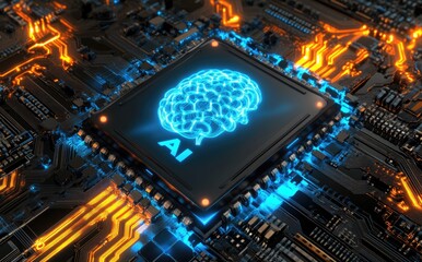 Poster - Futuristic AI chip with a glowing brain graphic on a high-tech circuit board featuring vibrant blue and orange details. Perfect for technology visuals and innovation showcases