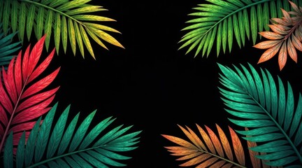 Wall Mural - vibrant tropical foliage frame on dark background perfect for design projects and artistic endeavors
