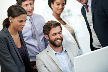 Aufkleber - Laptop, teamwork and smile with business people in office for lawyer, support and trial research. Litigation attorney, meeting and planning with group of employees in law firm for reading case files