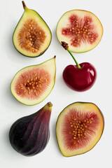 Poster - Fresh figs and cherry showing their vibrant colors on white background