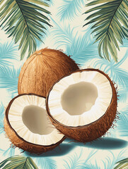 Aufkleber - Whole and halved coconuts lying on tropical palm leaves background