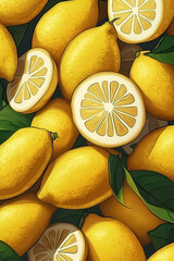 Aufkleber - Freshly picked lemons and slices creating a vibrant citrus display