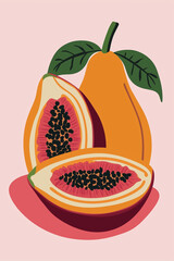Aufkleber - Fresh papaya fruit showing seeds and leaves on pink background