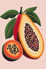 Aufkleber - Fresh papaya fruit showing seeds and leaves on pink background