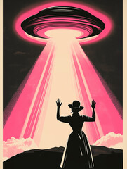 Aufkleber - Woman welcoming ufo with pink ray of light in a vintage science fiction poster style