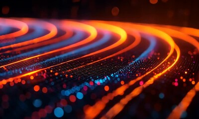 Wall Mural - Vibrant abstract light patterns with glowing waves and bokeh effects in a dark setting