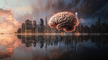 Poster - Innovative urban brainstorming cityscape with surreal brain element modern metropolis digital art dusk reflection creative concept