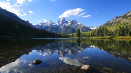 Poster - Majestic Mountain Range Reflected in Tranquil Lake With Clear Blue Sky : Generative AI