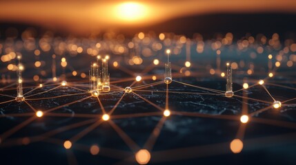 Poster - Digital connectivity and data networks global landscape abstract visuals sunset aerial perspective technology concept