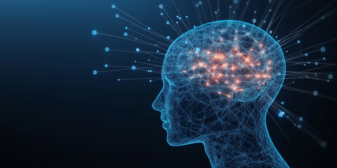 Leinwandbilder - Human head with glowing brain and network connections representing artificial intelligence and neural network
