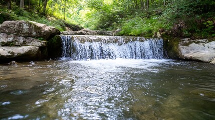 Poster - Small Cascading Waterfall Flowing Through Forest in Tranquil Nature Scene : Generative AI
