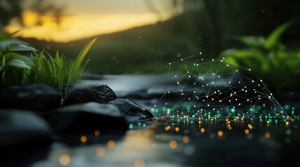 Poster - Flowing stream with illuminated particles natural landscape tranquil environment close-up view serenity and nature beauty