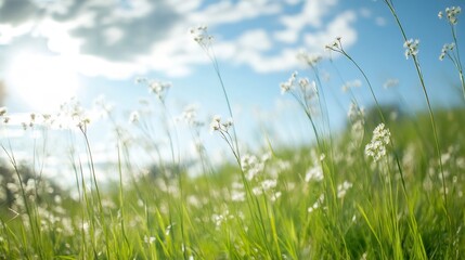 Poster - Serene Meadow with Wildflowers and Sunshine Under Blue Sky : Generative AI