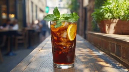 Wall Mural - summer menu inspiration: inviting glass of iced tea with lemon slices and mint leaves