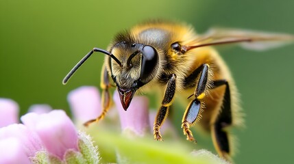 Poster - European honey bee collecting pollen from pink flowers in vibrant green garden : Generative AI