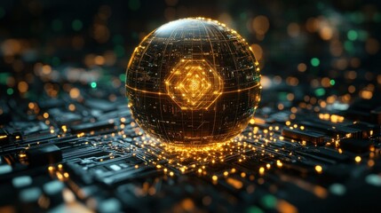 Poster - Futuristic Sphere on Circuit Board:  A Digital Realm