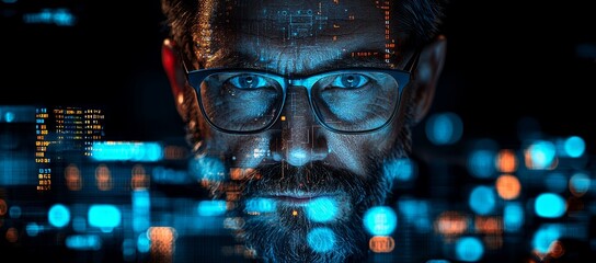 Focused man, city night background, digital overlay, tech concept