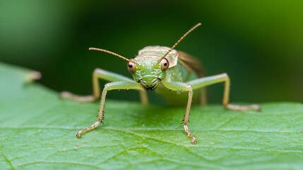 Poster - Detailed Close Up of Green Katydid Perched on Leaf Surrounded by Lush Foliage : Generative AI