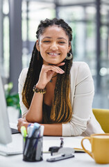 Poster - Portrait, secretary and business woman in creative office for administration. Face, startup and happy professional entrepreneur working at desk, African employee and confident receptionist in Kenya