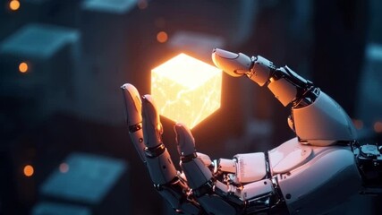 Poster - Robotic Hand Holding Glowing Cube: Futuristic Technology