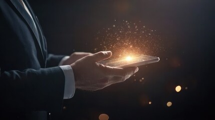 Poster - Innovative technology interaction modern office digital content dark environment close-up view future concept