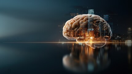 Poster - Innovative brain visualization futuristic urban landscape digital art surreal environment close-up perspective mind and city concept for seo impact