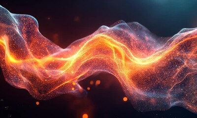 Wall Mural - Abstract wave of vibrant orange and blue light particles flowing through a dark background