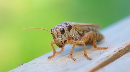 Poster - Grasshopper with Detailed Features on Wooden Surface and Green Background : Generative AI