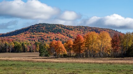 Aufkleber - Scenic Autumn Landscape with Vibrant Foliage and Rolling Hills Under Cloudy Blue Sky : Generative AI