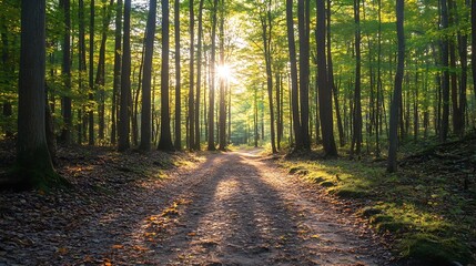 Poster - Scenic Sunrise Pathway in the Vibrant Green Forest with Sunlight Streaming Through Trees : Generative AI