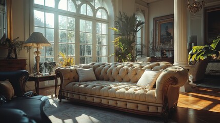 Poster - A bright, elegant living room features a classic tufted sofa, large windows, and lush plants, creating a warm and inviting atmosphere.