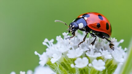 Poster - Vibrant Ladybug on White Flower Petals in Springtime Close Up Macro Photography : Generative AI