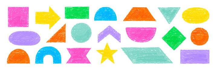 Aufkleber - Color pencil texture figure set. Hand drawn sketch doodle crayon texture brush kid geometric shape circle, triangle, square pastel background. Childish crayon pencil figure vector illustration