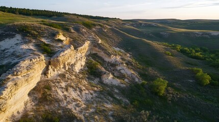 Poster - Scenic Aerial View of Rolling Hills and Lush Green Valleys with Blue Sky Horizon : Generative AI