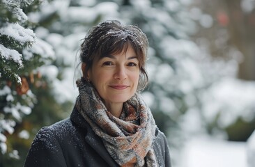 Wall Mural - Portrait of a woman in a winter garden, with snow-covered trees and bushes