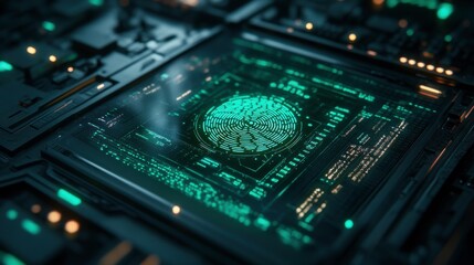 Poster - A close-up view of a futuristic circuit board with a glowing fingerprint pattern, symbolizing technology and security.