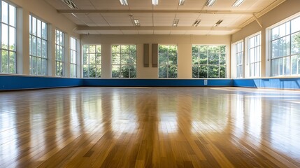 Aufkleber - Spacious Sunlit Empty Dance Studio with Hardwood Floors and Large Windows : Generative AI