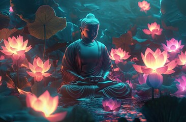 Wall Mural - Buddha surrounded by lotus flowers, illuminated by soft neon lights, creating an ethereal and dreamy atmosphere