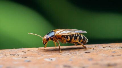 Poster - Closeup of a Colorful Wasp on Wooden Surface in Natural Habitat with Green Background : Generative AI