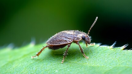Poster - Macro Image of a Tiny Brown Beetle on a Green Leaf in Natural Setting : Generative AI