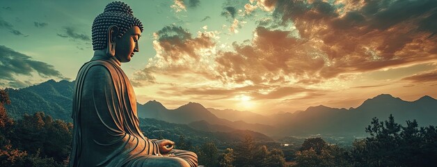 Wall Mural - A massive statue of Buddha set against a backdrop of mountains at sunset, offering a panoramic view