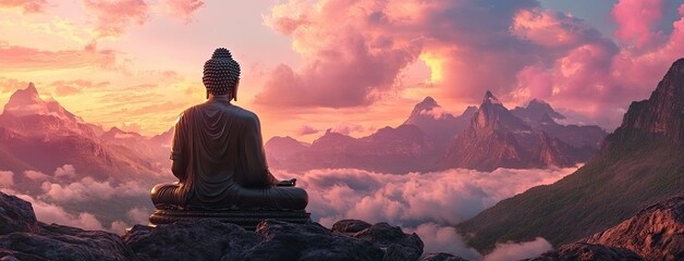 Wall Mural - A massive statue of Buddha set against a backdrop of mountains at sunset, offering a panoramic view