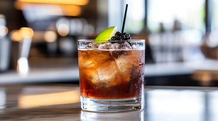 Poster - Classic Rum Cocktail with Lime and Blackberries in Elegant Glass on Bar Counter : Generative AI