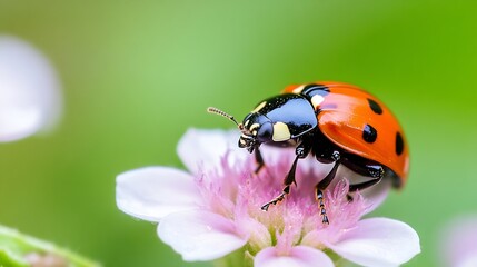 Poster - Closeup of Vibrant Red Ladybug on Delicate Pink Flower Blossom in Natural Setting : Generative AI