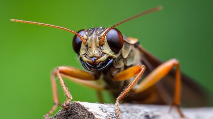 Poster - Large Green Cricket on Tree Branch with Intense Focus on Complex Eyes and Antennae : Generative AI