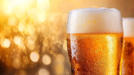 Poster - Golden Beer Glass with Bubbles Glowing Against Warm Festive Background : Generative AI