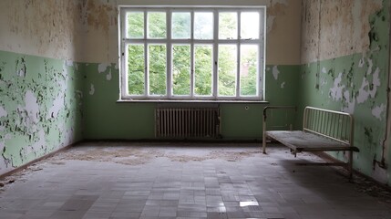 Poster - Abandoned Room with Peeling Paint and Stark Bed Contrasts Natural Foliage Outside Window : Generative AI