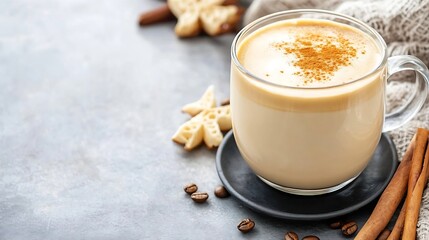 Poster - Warm CinnamonSpiced Latte in Clear Mug on Rustic Wooden Table : Generative AI